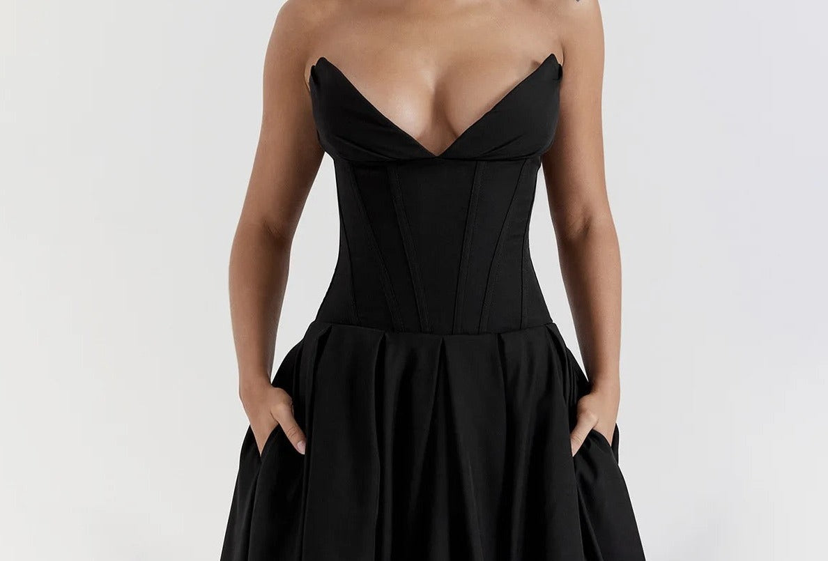 Luxe V Neck Strapless Pleated Dress