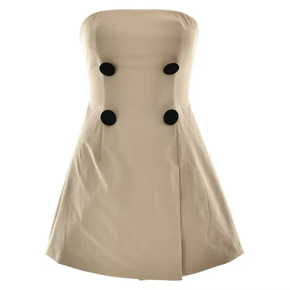 Strapless A-line Button Khaki Sleeveless Dress