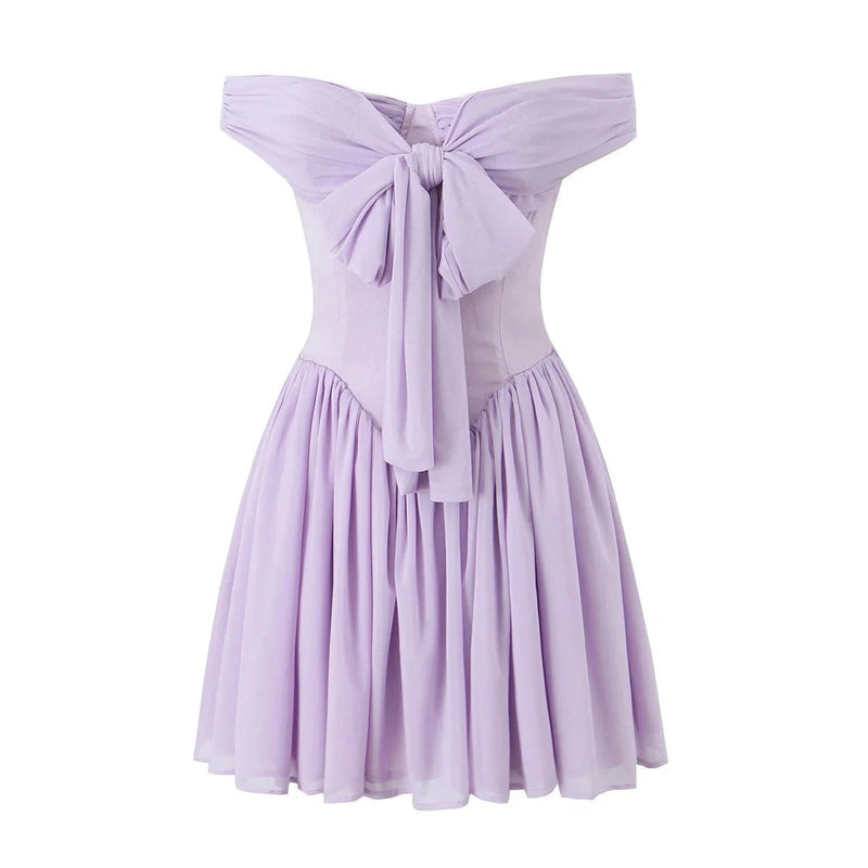 A&A Lilac Off-shoulder Pleated Mini Dress