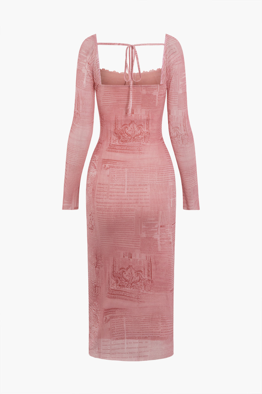 Pink Newspaper Print Long Sleeve Tie Backless Midi Dress