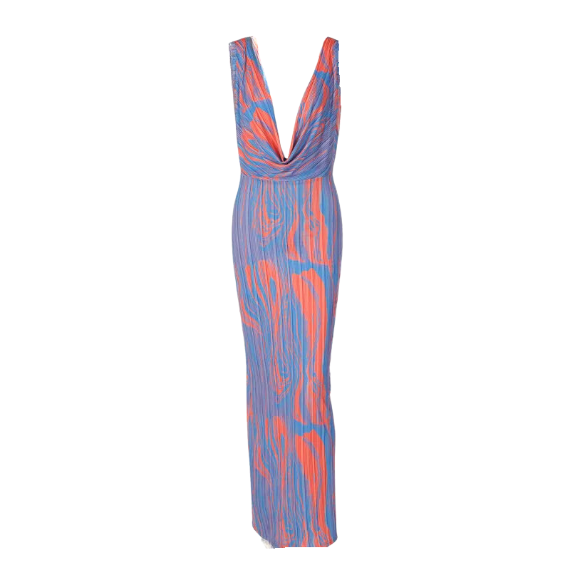 Abstract Cowl Neck Plissé Sleeveless Maxi Dress