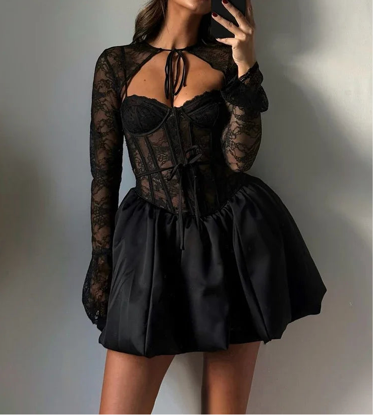 Lace Corset Puffball Mini Dress