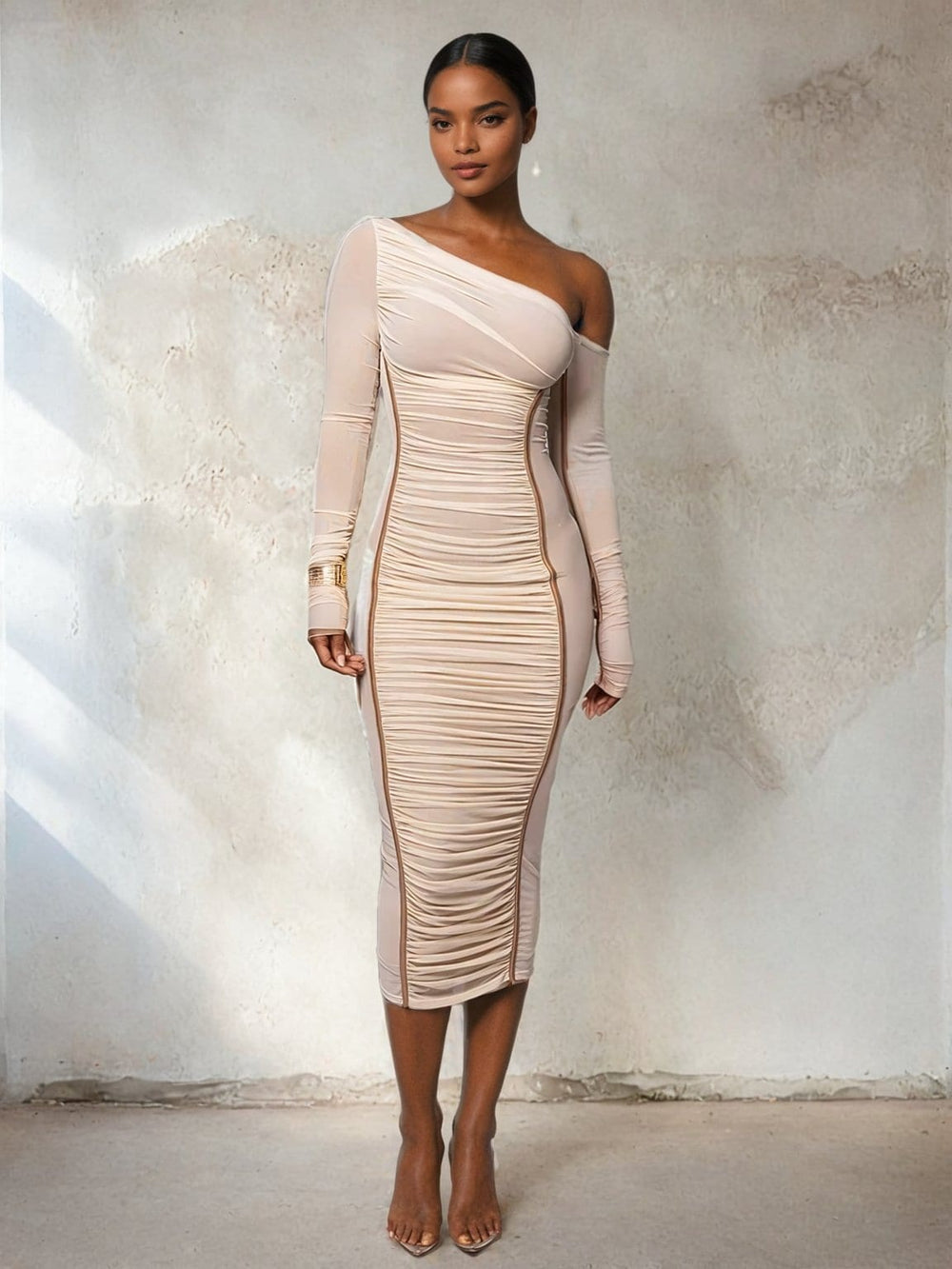 One Shoulder Mesh Long Sleeve Ruched Midi Dress