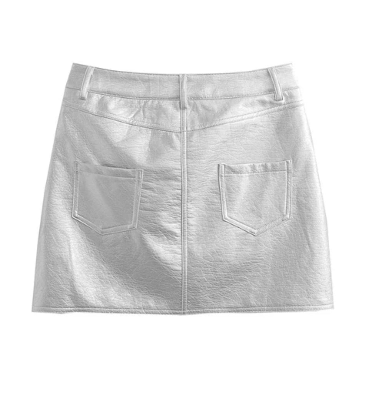 Front Pockets Faux Silver Leather Mini Skirt