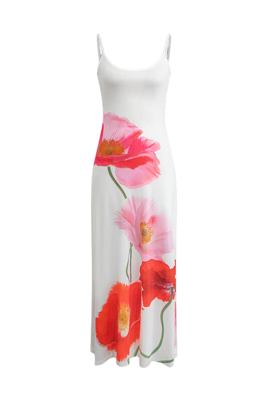 Backless Printed Flower Vacation Maxi Dress