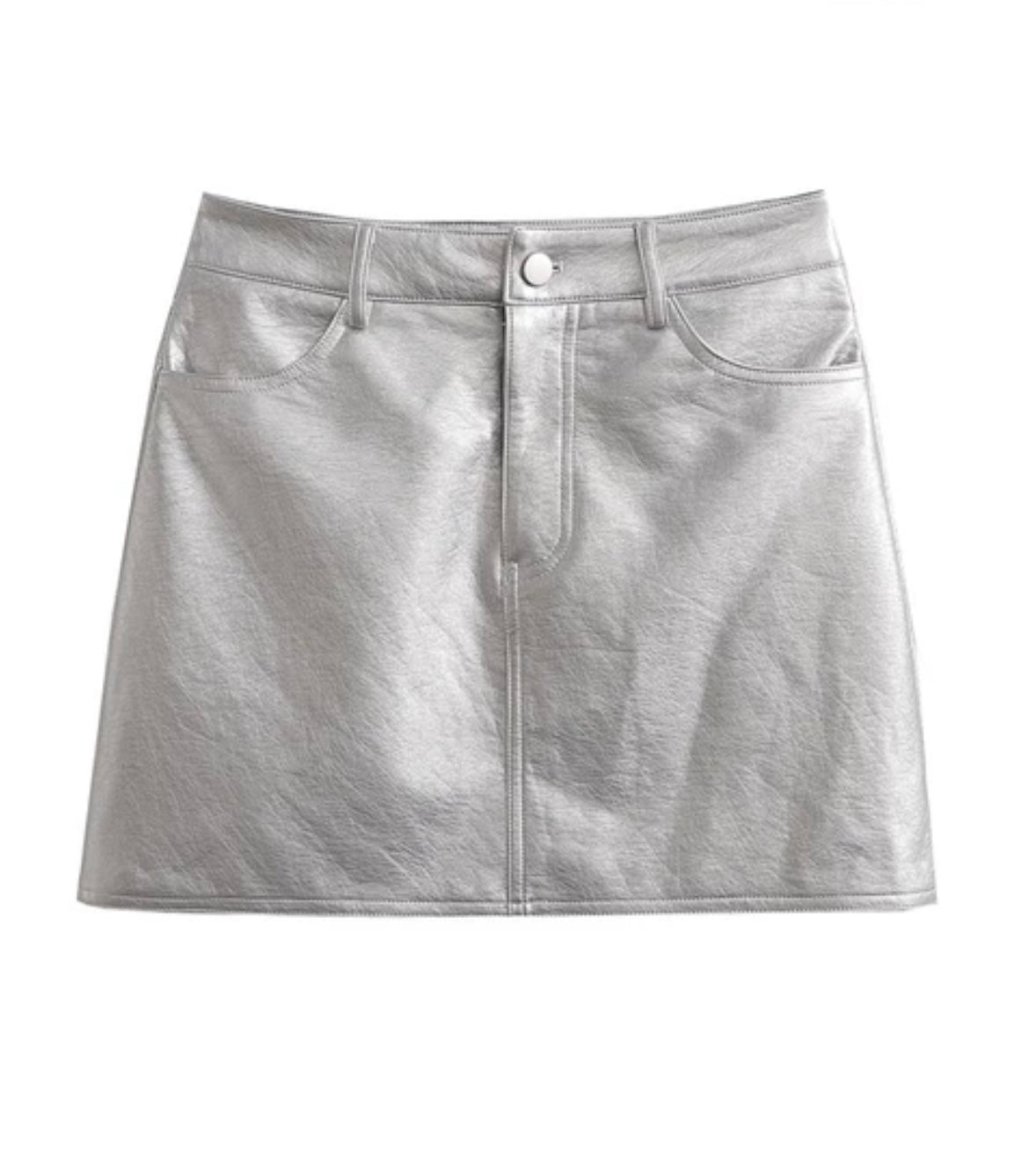 Front Pockets Faux Silver Leather Mini Skirt