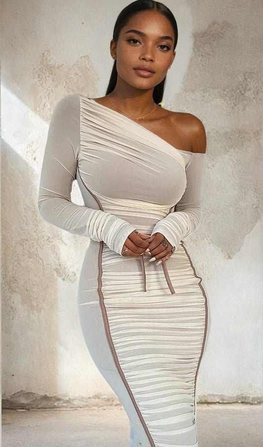 One Shoulder Mesh Long Sleeve Ruched Midi Dress