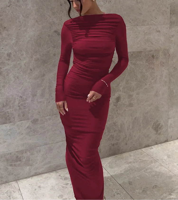 V Backless Long Sleeve  Ruched Maxi Dress