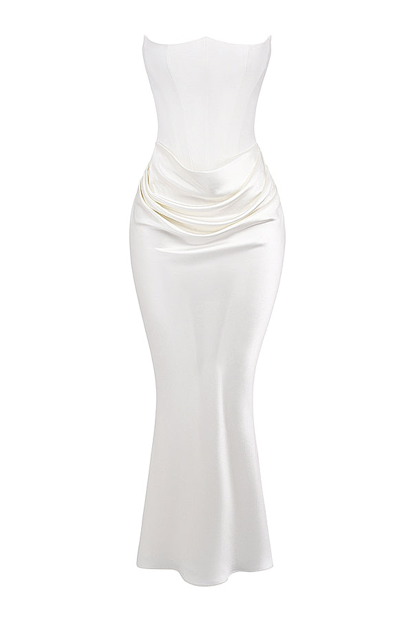 Luxe Satin White Draped Maxi Dress