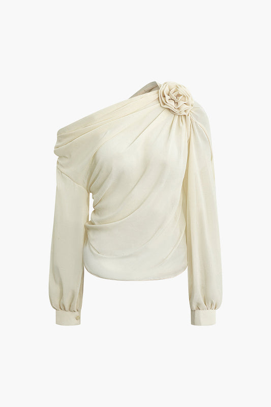 Asymmetric Collar 3D Flower Chiffon Top