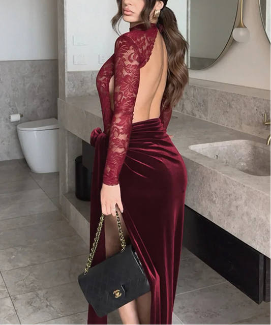 Lace Velvet Wine Slit Maxi Dress