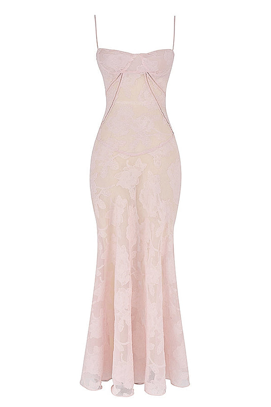 Lace Floral Spaghetti Strap Sheer Sleeveless Pink Dress