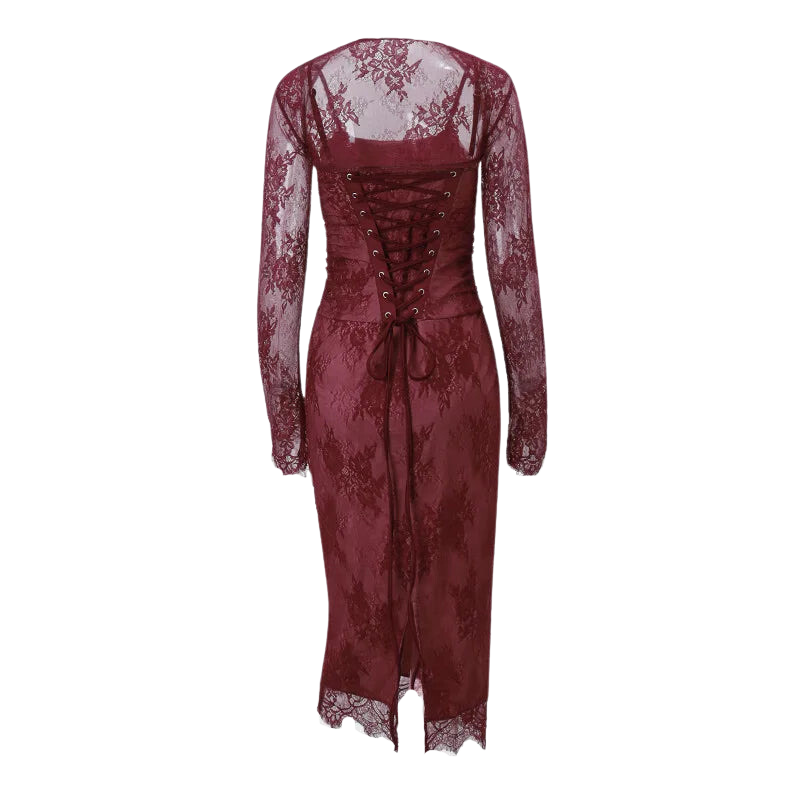 Lace Print Bodycon Burgundy Midi Dress