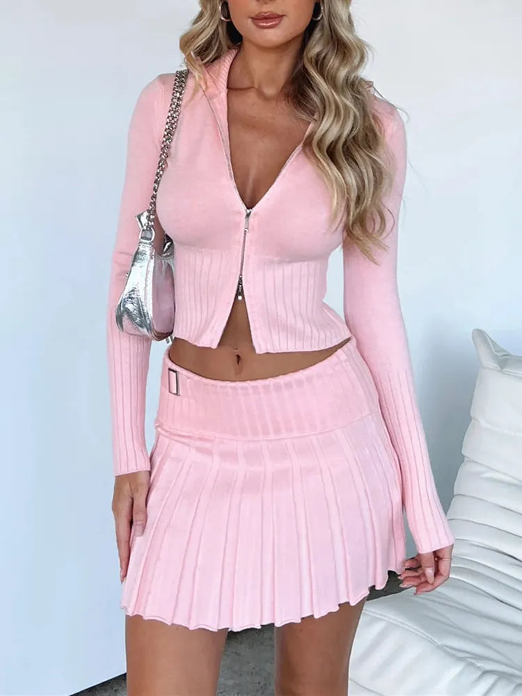 Pleated Mini Skirt Knitted Two Piece Set