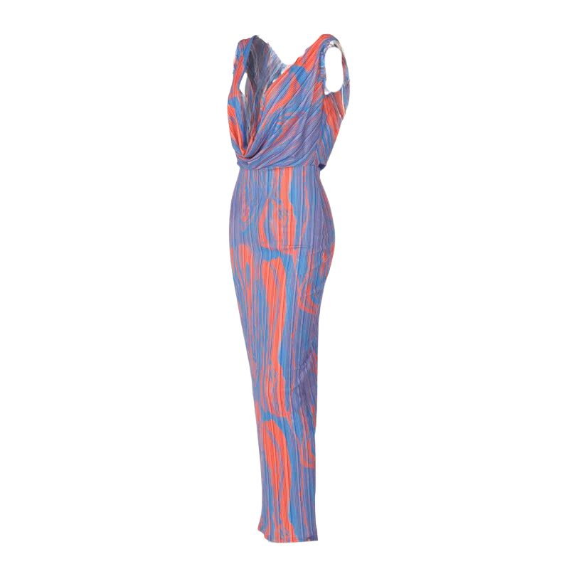 Abstract Cowl Neck Plissé Sleeveless Maxi Dress