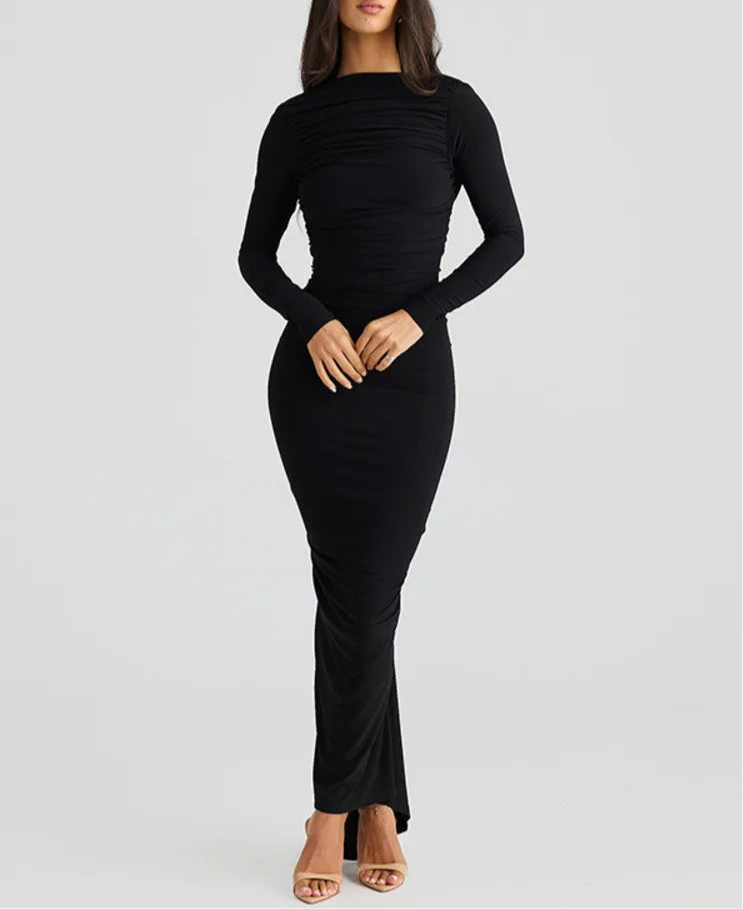 V Backless Long Sleeve  Ruched Maxi Dress