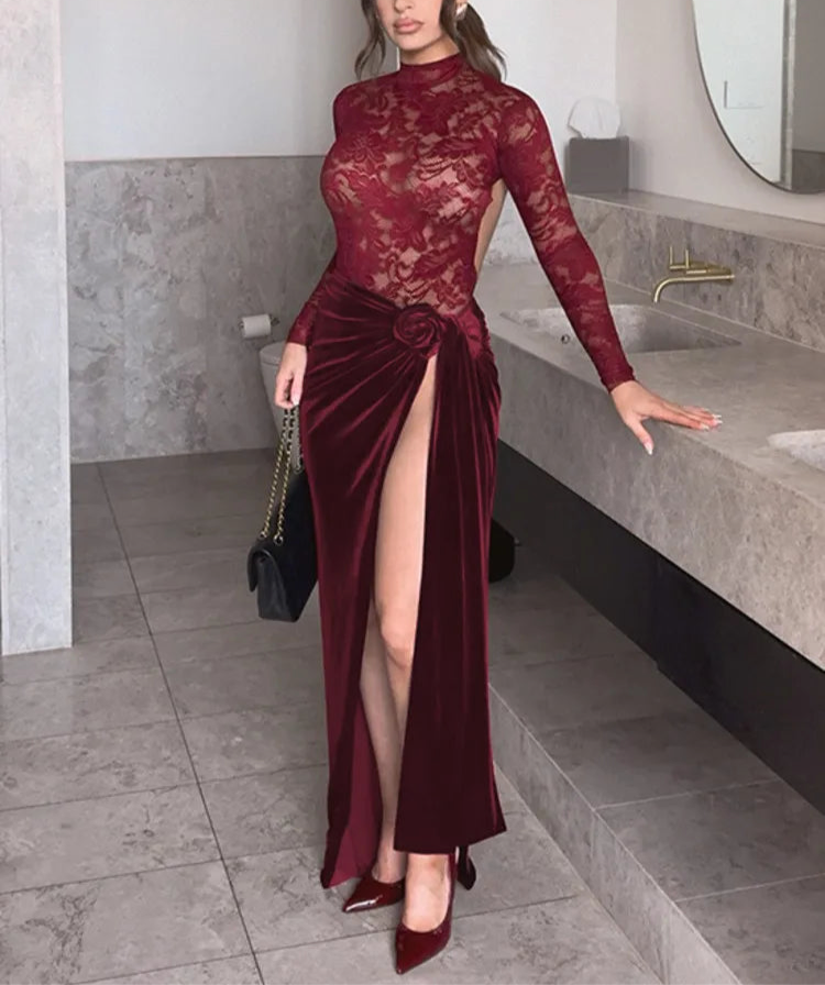 Lace Velvet Wine Slit Maxi Dress