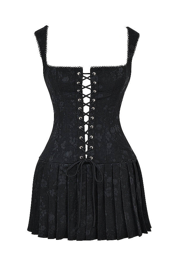 Luxe Lace Up Vintage Embroidery A Line Pleated Mini Dress