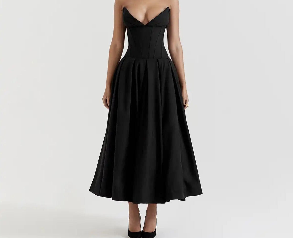 Luxe V Neck Strapless Pleated Dress