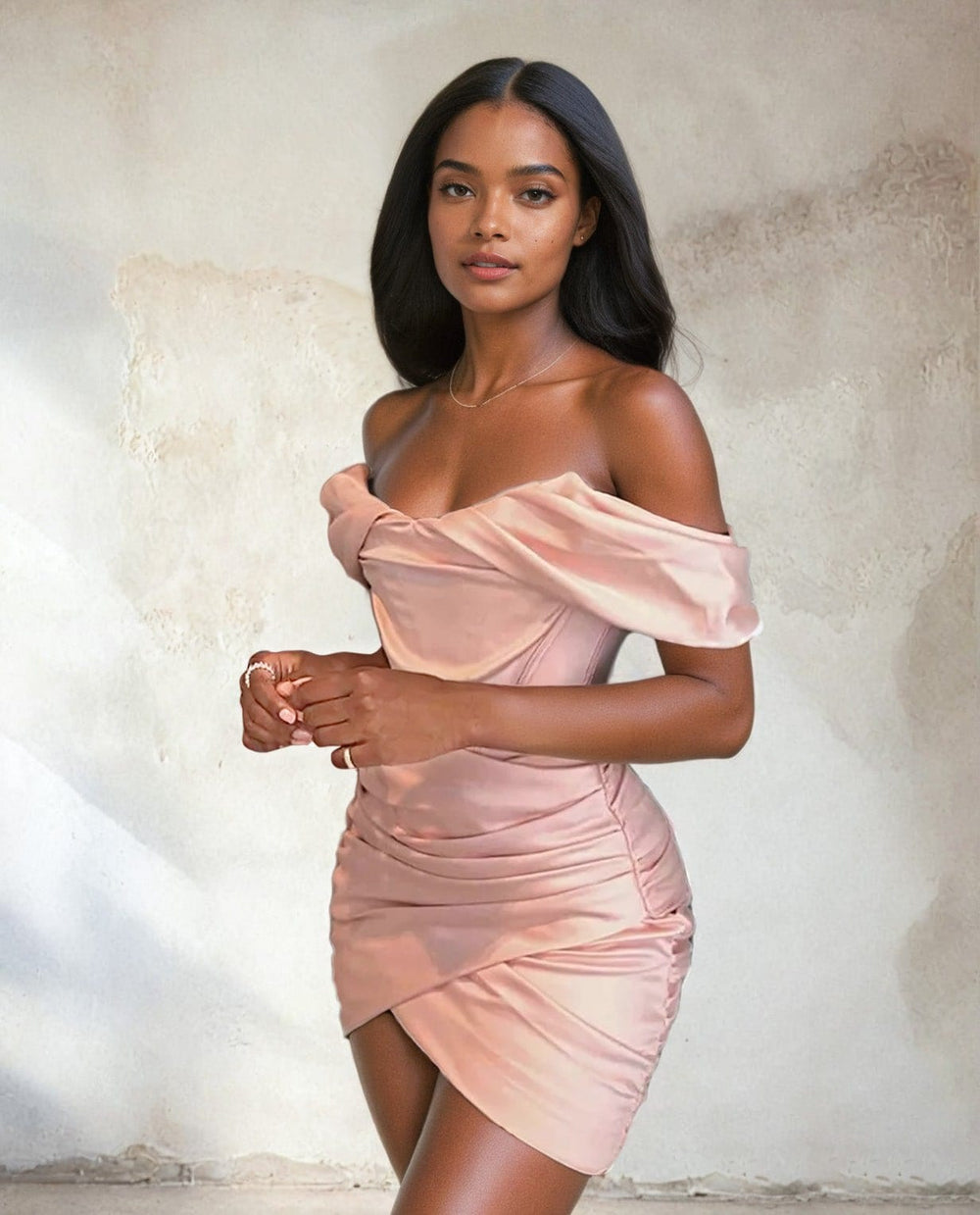 Luxe Satin Off The Shoulder Mini Bodycon Dress