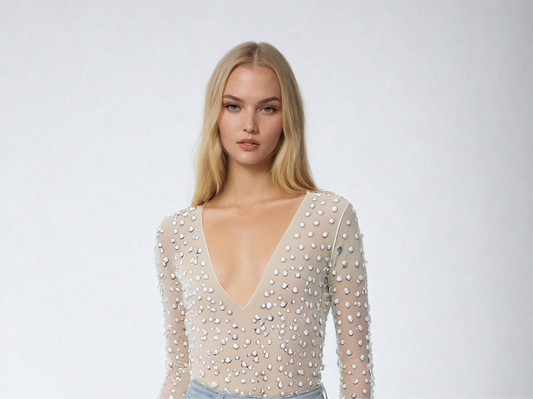 Luxe V Plunge Neck Beading Mesh Bodysuit