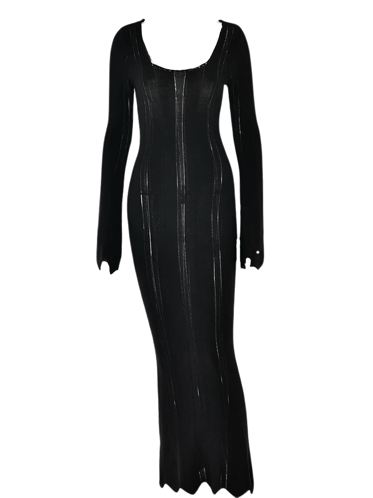 Knitted Sheer Black Long Sleeved Maxi Dress