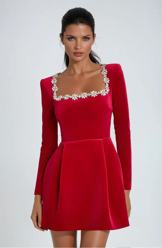 Embellished Collar Long Sleeve Velvet A-line Dress