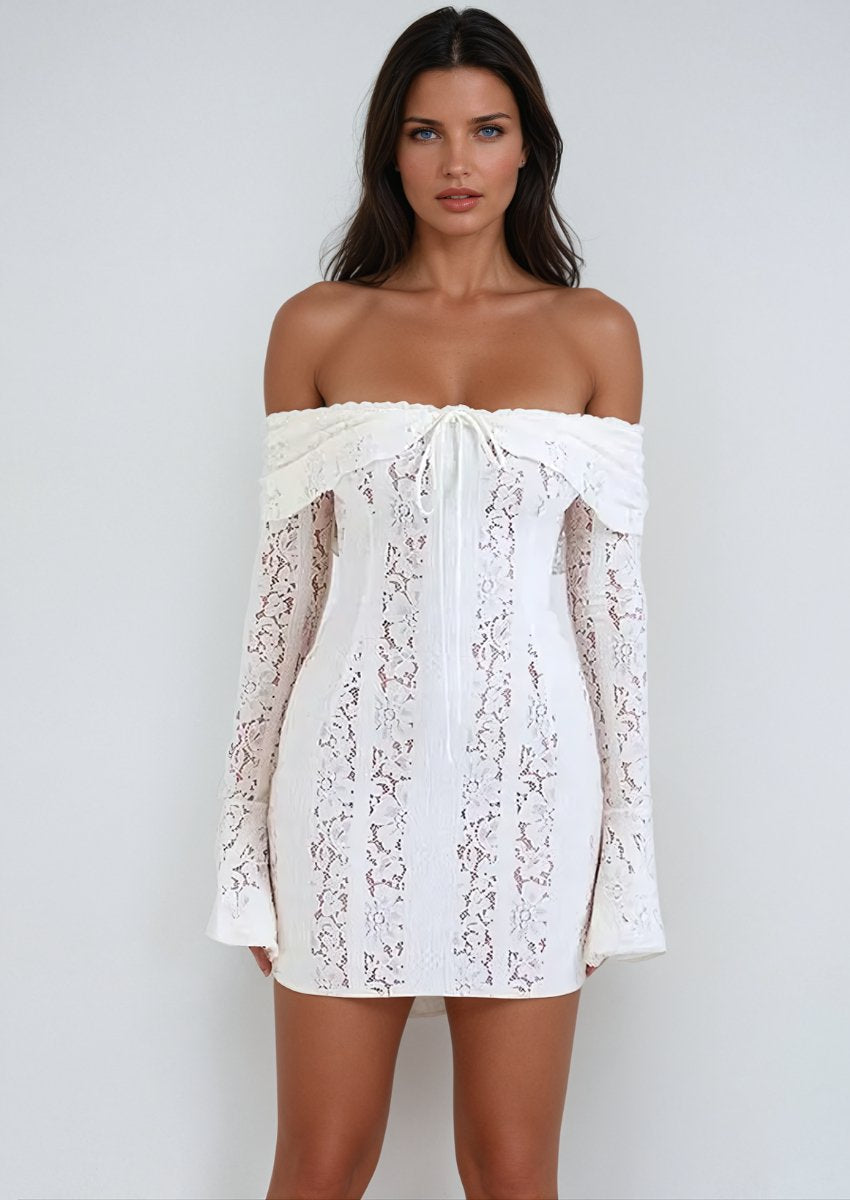 Long Sleeve Off Shoulder Floral lace Mini Dress