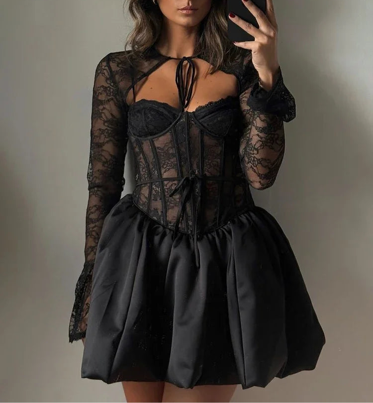 Lace Corset Puffball Mini Dress