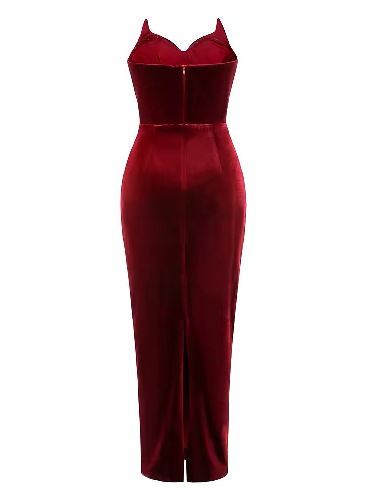 Strapless V Neck Velvet Maxi Dress