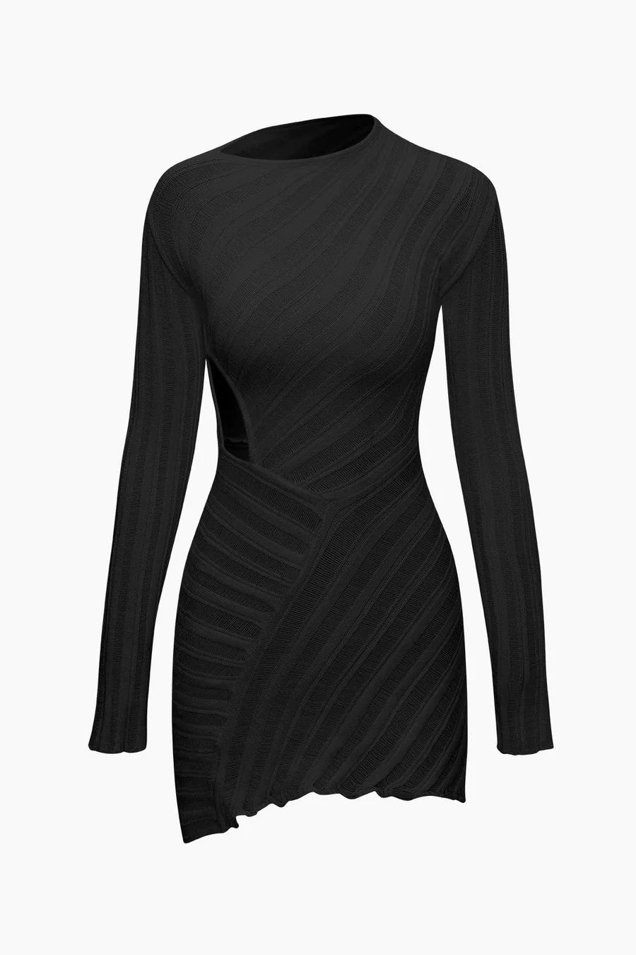 Asymmetric Cut Out Long Sleeve Knitted Mini BodyconDress