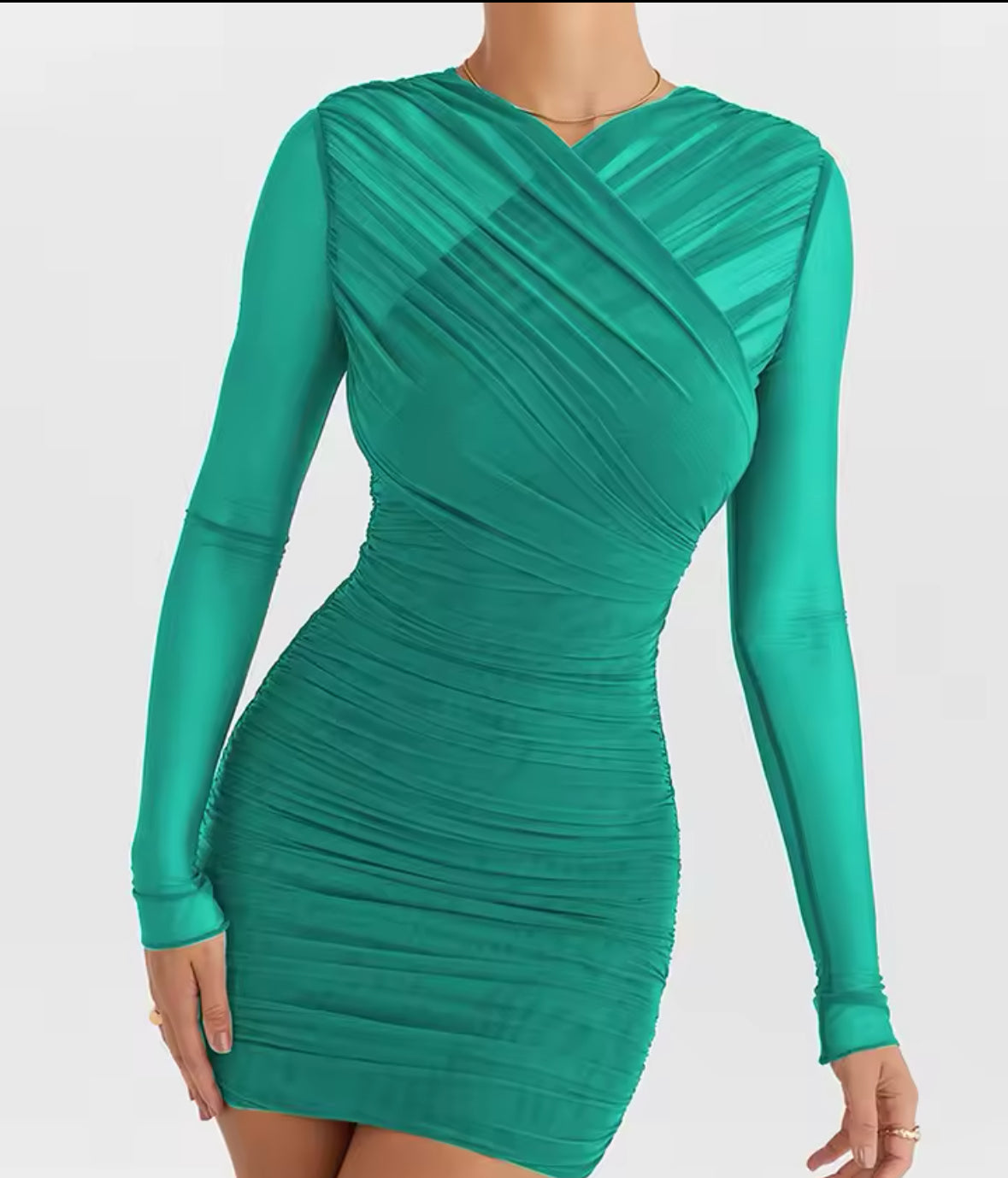 Ruched Mesh Long Sleeve Wrap Front Bodycon Dress