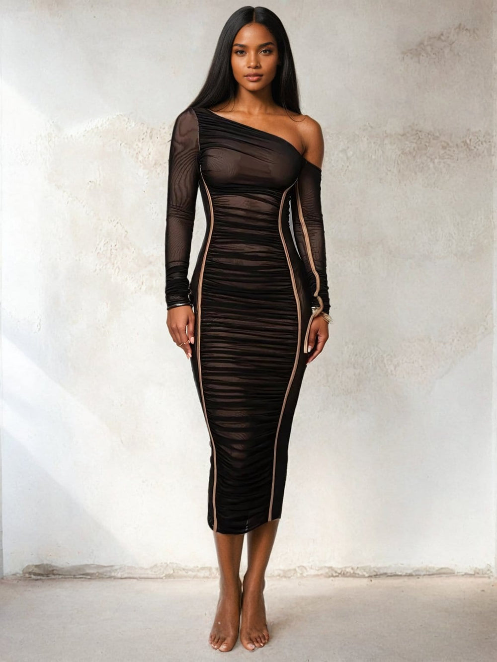 One Shoulder Mesh Long Sleeve Ruched Midi Dress