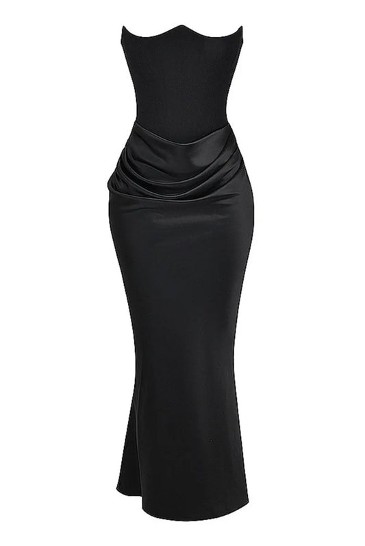 Luxe Elegant Satin Strapless Draped Corset Maxi Dress