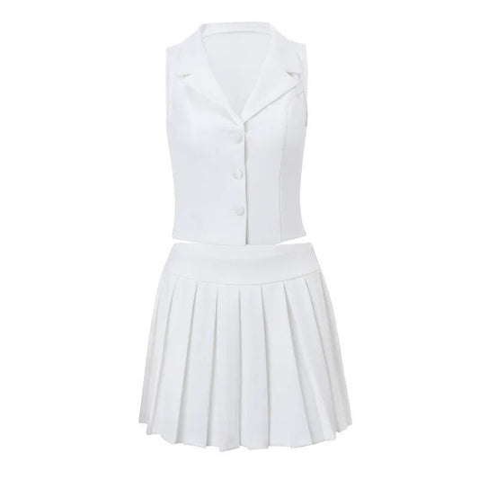 Large Pleated Mini Skirt V Neck Suit