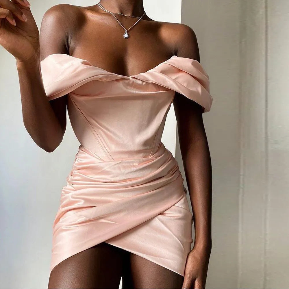 Luxe Satin Off The Shoulder Mini Bodycon Dress