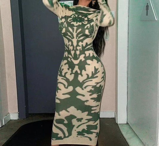 Print Backless Long Sleeve Bodycon Dress