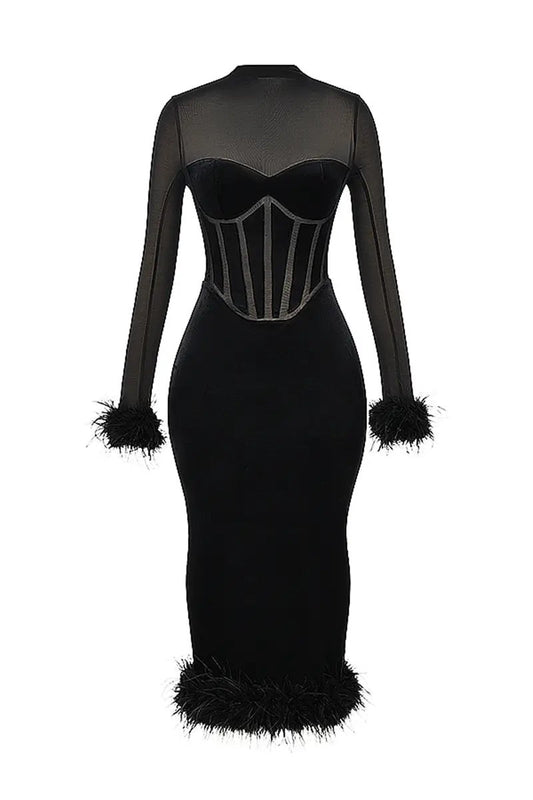 Luxe Velvet Long Sleeved Feather Midi Bodycon Dress