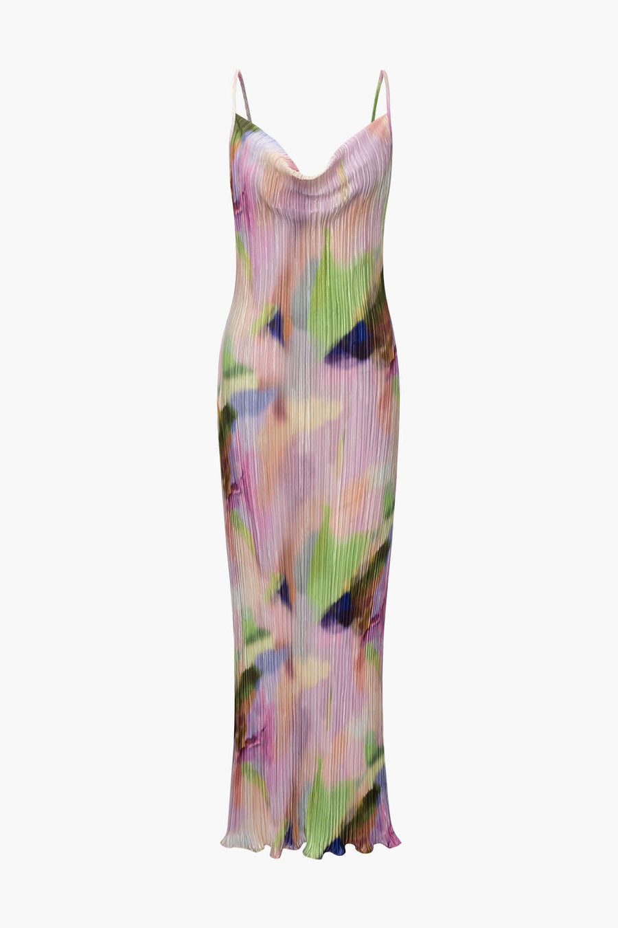 Abstract Plisse Cowl Neck Maxi Dress