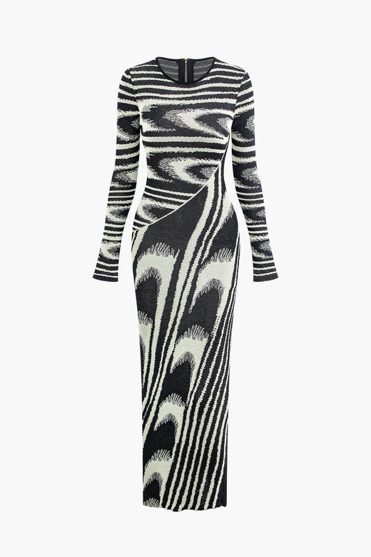 Abstract Long Sleeve Knitted Maxi Dress