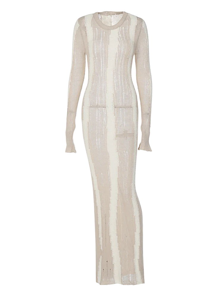 Frayed Knit Sheer Long Sleeve Maxi Dress