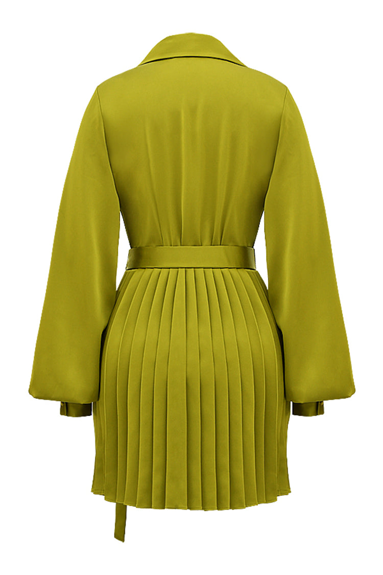 Satin Pleated Olive Shirt Dress