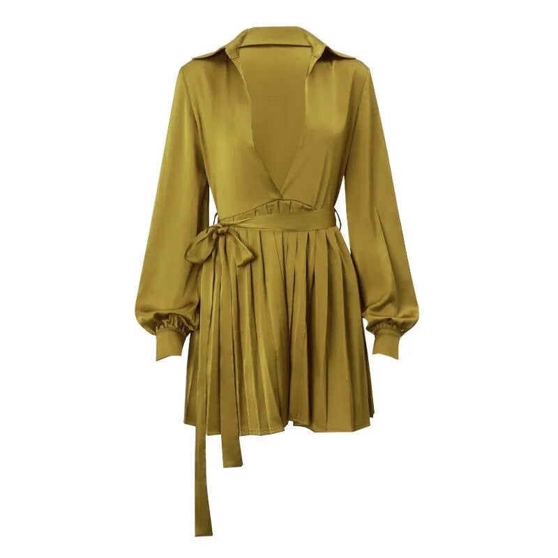 Satin Pleated Olive Shirt Dress