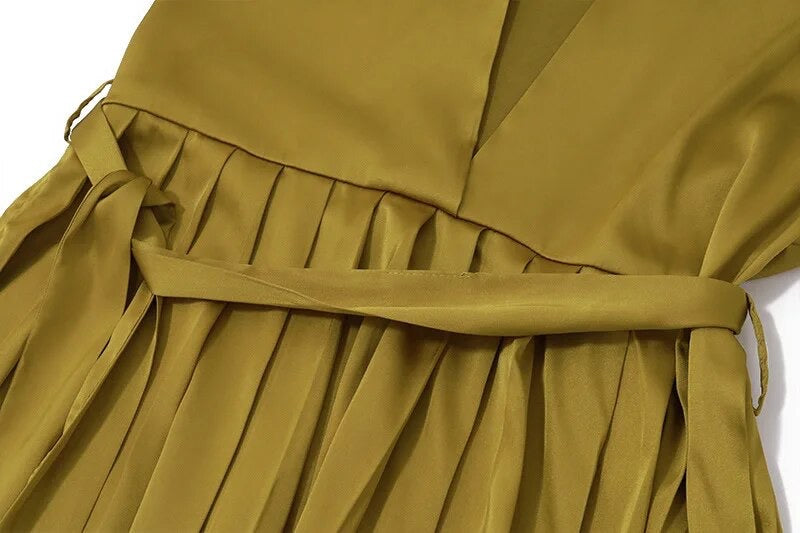 Satin Pleated Olive Shirt Dress