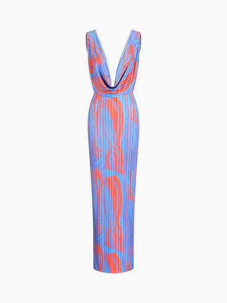 Abstract Cowl Neck Plissé Sleeveless Maxi Dress