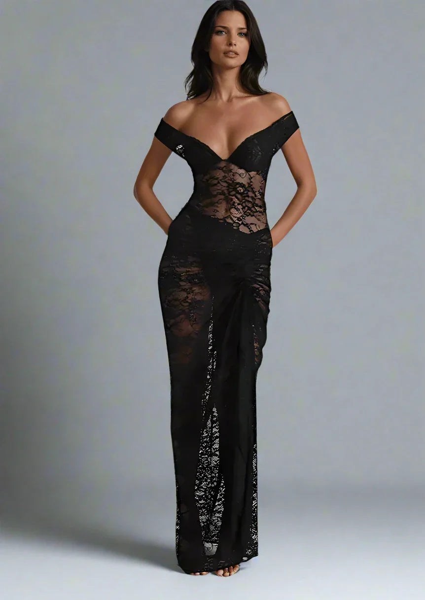 Miranda Lace Sheer Off Shoulder Maxi Split Dress