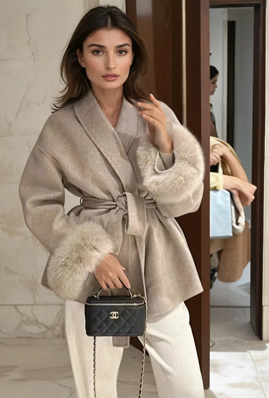 100% Wool Fur Trim Long Sleeve Coat