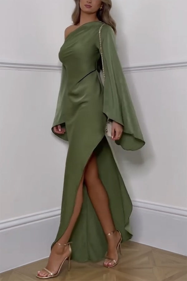 Asyntha - One-Shoulder Bell Sleeves Maxi Dress