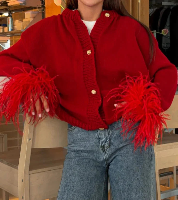 Eline Red Feather Sleeve Knitted Cardigan