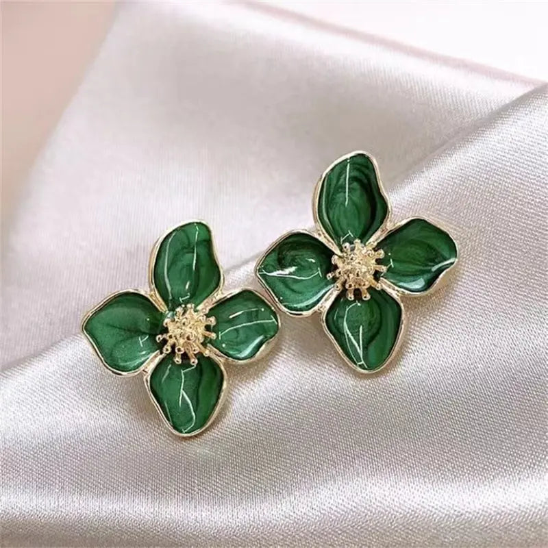 Vintage Emerald Green Flower Stud Gold Plated Earrings